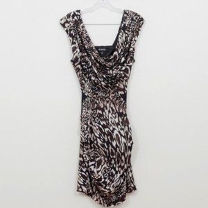 bebe open back animal print draped front dress